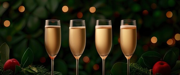 Four Champagne Flutes with Festive Background