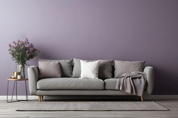 Grey Sofa with Throw Blanket in Minimalist Living Room