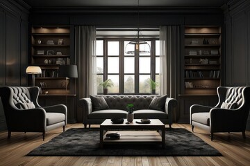 Dark Living Room with Black Sofa, Two Armchairs, Bookshelves and a Coffee Table