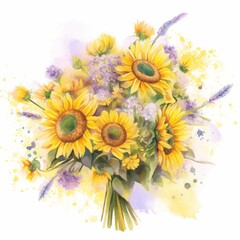 watercolor painting of a bright and cheerful sunflower bouquet, on isolated white background