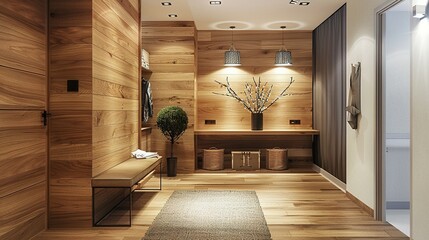 Modern Wooden Hallway with Bench and Decor