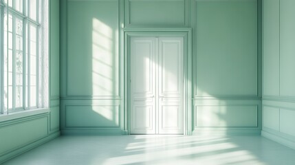 Fototapeta premium A serene, minimalistic interior featuring a white door and soft green walls illuminated by sunlight.