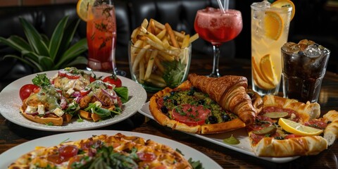 Fototapeta premium Grilled chicken salad, gourmet pizza with blue cheese, traditional margarita, club sandwich with fish, Belgian waffle with croissant, potato fries, refreshing drink, ripe grapefruit, tangy lemon soda.