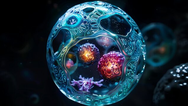 A colorful, hyperrealistic illustration of an animal cell model with DNA and in the style of Lorenzo's celsium inside the eukaryotic plant or creature cells. The focus is on details in an audio visual
