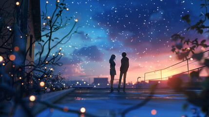 Romantic Rooftop Confession. A romantic scene set on rooftop with light sparkle and stars background