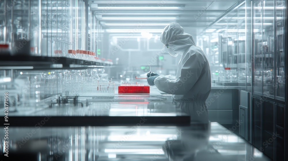 Poster scientist in a lab coat working with test tubes in a modern laboratory