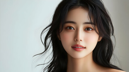 Fototapeta premium A young woman with long black hair looks at the camera with a soft smile.