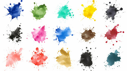 Watercolor splashes of various colors on white background.