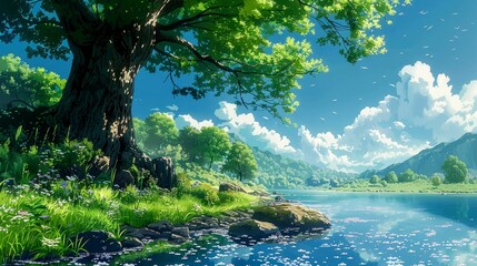 Fototapeta premium Tranquil River Scene with a Majestic Tree and Lush Greenery