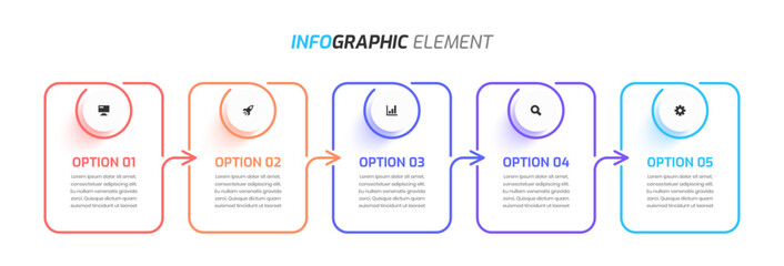 Business Infographic Template Creative Design with Thin Line Arrow Circle Label and 5 Option
