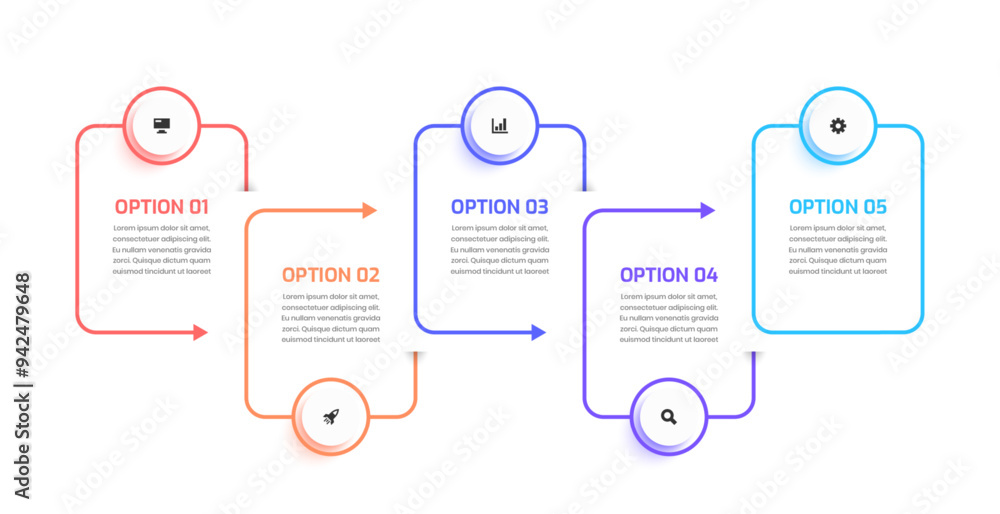 Aufkleber business infographic template rectangle thin line with circle label arrow icon and 5 option