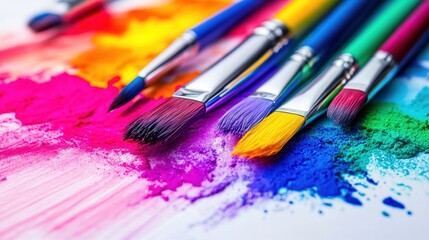 Fototapeta premium Vibrant paintbrushes arranged on a colorful watercolor background, perfect for artistic and creative themes.