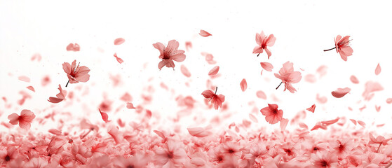 Pink cherry blossom flying and falling on white background. Beautiful spring flowers.