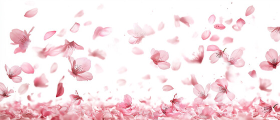 Pink cherry blossom flying and falling on white background. Beautiful spring flowers.