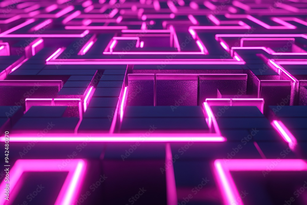 Poster a neon-lit maze with glowing lines, creating an abstract and futuristic background for design projec