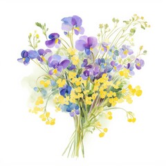 watercolor painting of a fresh bouquet of spring violets and buttercups, on isolated white background