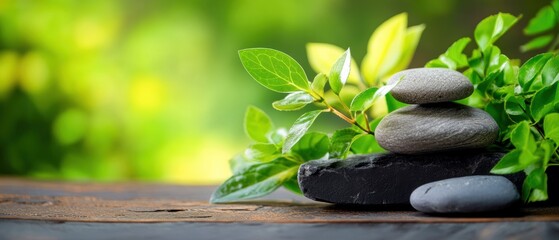 Obraz premium Peaceful arrangement of smooth stones and fresh leaves on a wooden surface, creating a tranquil and natural atmosphere.