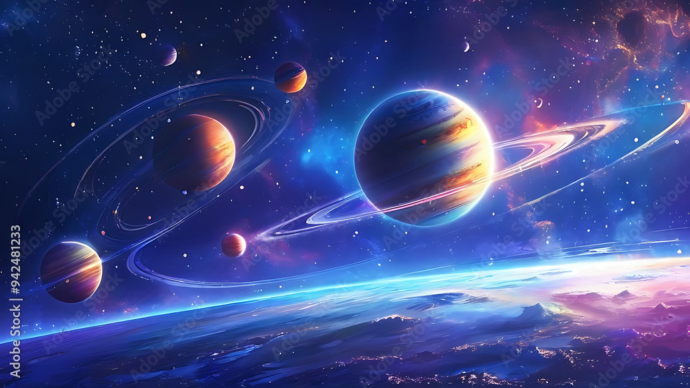 Wall mural an artistic rendition of a celestial scene portraying multiple vibrant planets with glowing rings ag