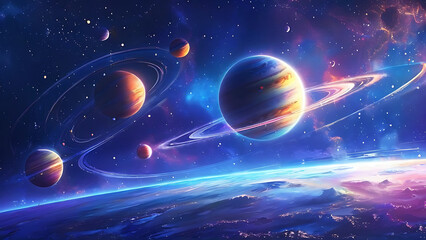An artistic rendition of a celestial scene portraying multiple vibrant planets with glowing rings against a deep blue nebulous background, ideal for themes related to space and astronomy, illustration