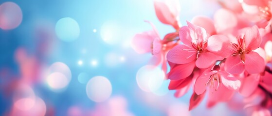 Beautiful pink flower blossoms against a soft blue backdrop, creating a tranquil and harmonious atmosphere.