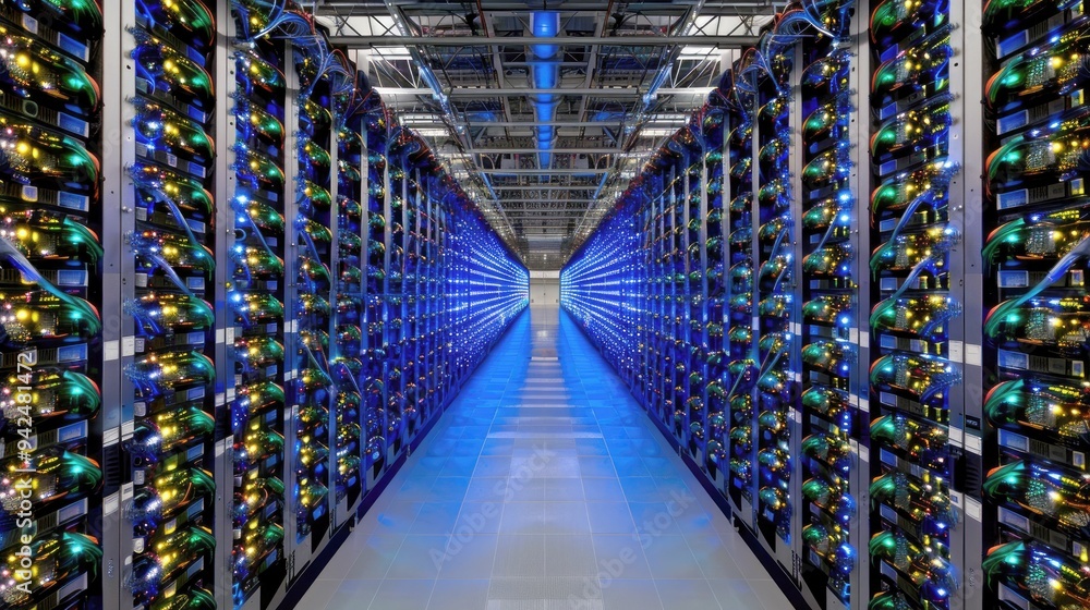 Poster rows of brightly lit server racks in a data center