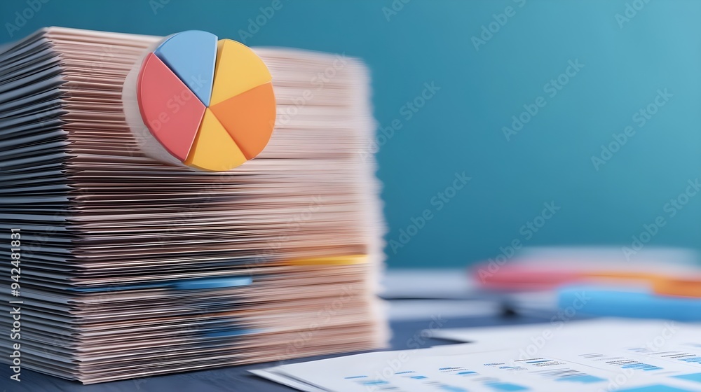 Poster stack of papers with pie chart on blue background