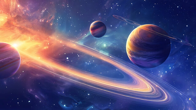 An artistic rendition of a celestial scene portraying multiple vibrant planets with glowing rings against a deep blue nebulous background, ideal for themes related to space and astronomy, illustration
