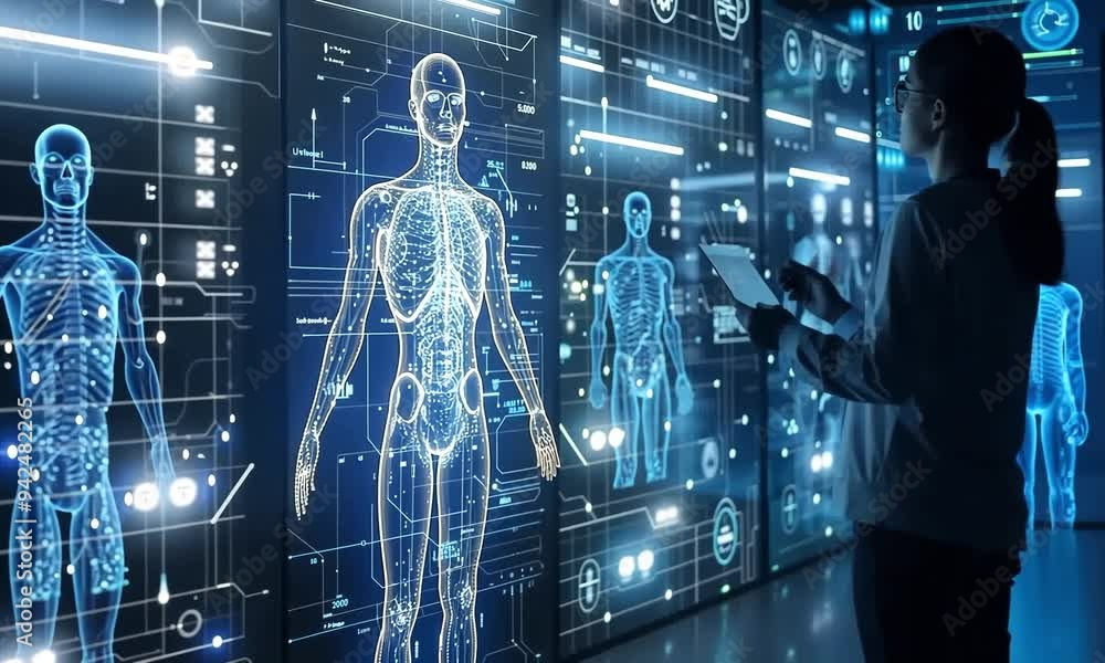 Poster exploring advanced human anatomy through interactive holograms in a modern laboratory setting. gener