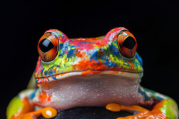 a cute frog covered in colorful paint, black background  