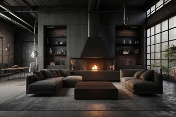 Fototapeta premium Modern Industrial Living Room with Fireplace and Large Windows