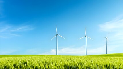 Fototapeta premium Wind Turbines in Green Field Against Blue Sky