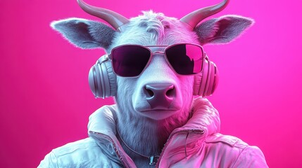 Cool Cow in Sunglasses and Headphones on Pink Background