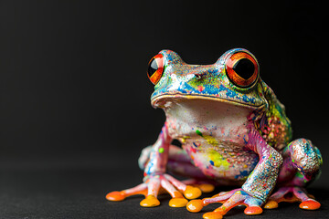 a cute frog covered in colorful paint, black background  
