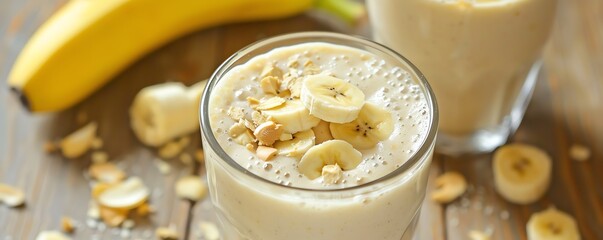 Fresh banana smoothie topped with banana slices and oats, perfect for a healthy breakfast or snack. Smoothie glass on wooden table.