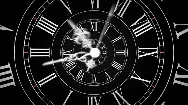 時計の針が勢いよく回転する時空の歪み　ループ　ブラック