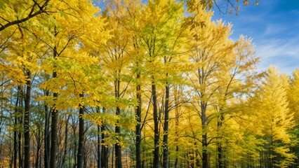 Scenic autumn forest with vibrant yellow trees, representing the beauty of nature and seasonal change.