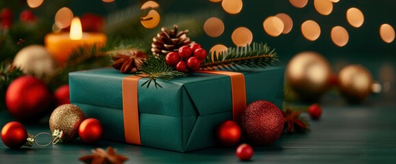 Christmas Gift with Decorations and Bokeh Lights