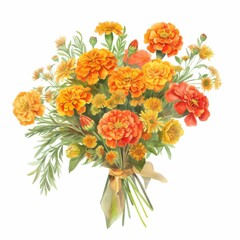 Obraz premium watercolor painting of a warm bouquet of marigolds and zinnias, on isolated white background