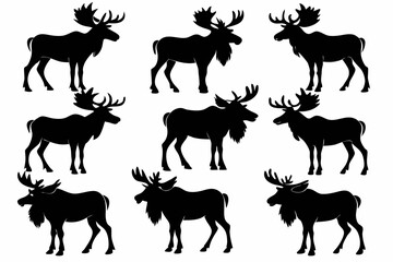 Set of Moose Silhouettes isolated white background