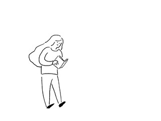本を読む女性、線画　