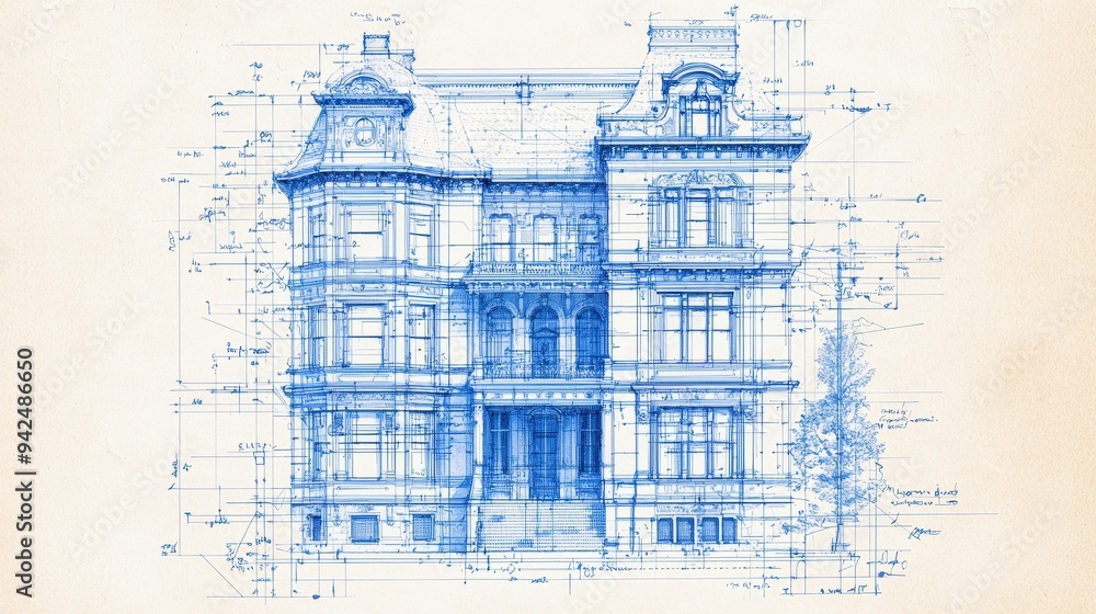 Poster blueprints vintage architecture building design sketch