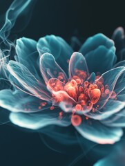 flower on a black background, digital art, electric aura with particles, made entirely from gradients, atoms floating, teal energy