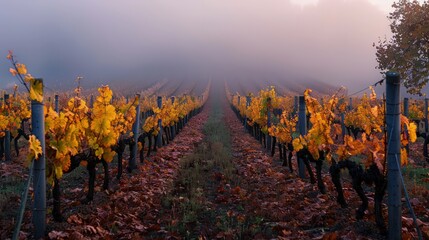 A foggy dawn over a vineyard in autumn. The rows of grapevines are surrounded by fog, with leaves turning yellow and orange.