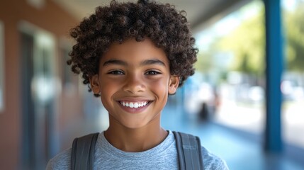 Fototapeta premium Happy African American Boy Smiling at Camera in School Hallway