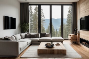 Fototapeta premium Modern Living Room with Sectional Sofa and Mountain View