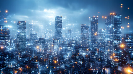 Fototapeta premium Cityscape at night with glowing lights and digital connections.