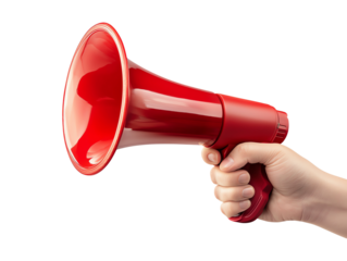 A hand holding a vibrant red megaphone, symbolizing communication and announcement in a striking visual.