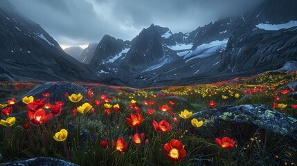 A high mountain pass with glowing neon red and yellow alpine flowers dotting the landscape, offering a stark contrast to the rugged terrain.