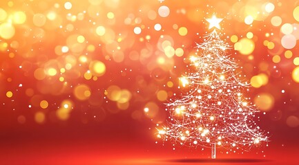 Stunning Christmas tree vector background with white line art and glowing light effects, featuring a festive red color palette with bokeh lights