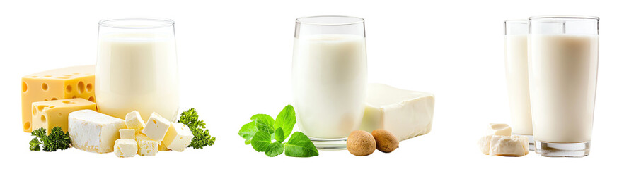 An assortment of dairy products including cheese, yogurt, and fresh milk in clear glasses, ideal for healthy eating.